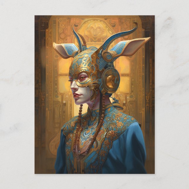 Cartão Postal Antelope Mask Headdress Fantasy Blue Dourado (Frente)