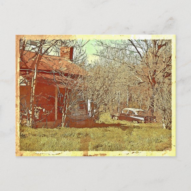 Cartão Postal Antiga Casa e Carro (Frente)