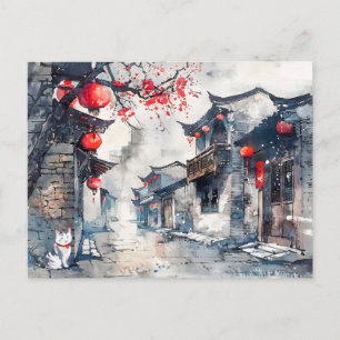 Cartão Postal Antiga Cidade Chinesa Iluminada por Lanternas em A