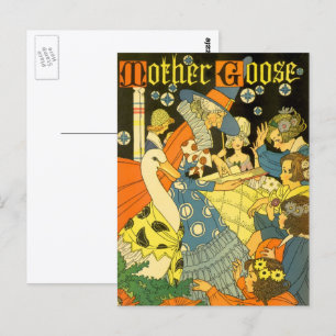 Cartão Postal Antiga Mãe Gansa Lendo Livros para Crianças