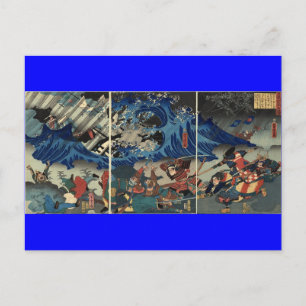Cartão Postal Antiga Pintura Japonesa de Samurai e Mongóis