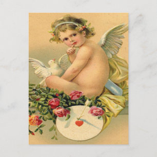 Cartão Postal Antigo, Anjo Cupido, Pombo e Rosas