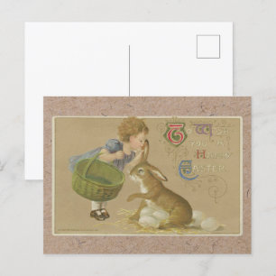 Cartão Postal Antigo Coelho e Menina de Páscoa 1911
