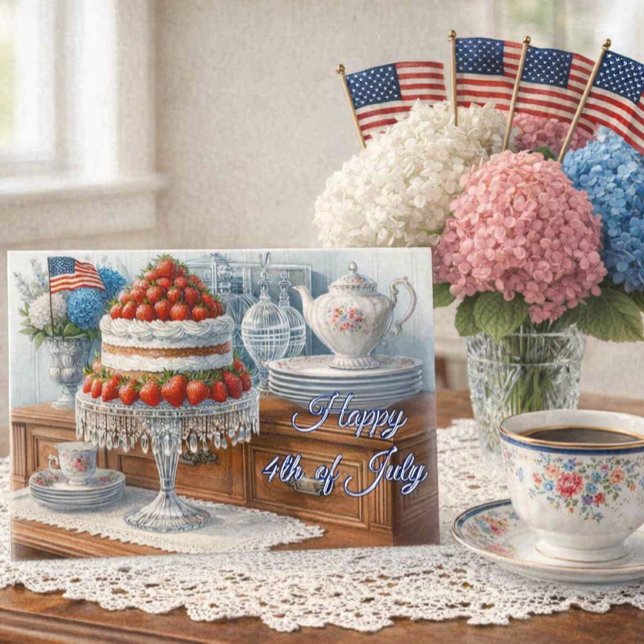 Cartão Postal Antigo de Bolo de Morango do Dia 4 d (Elegant Vintage 4th of July Card with Hydrangeas and Flags)