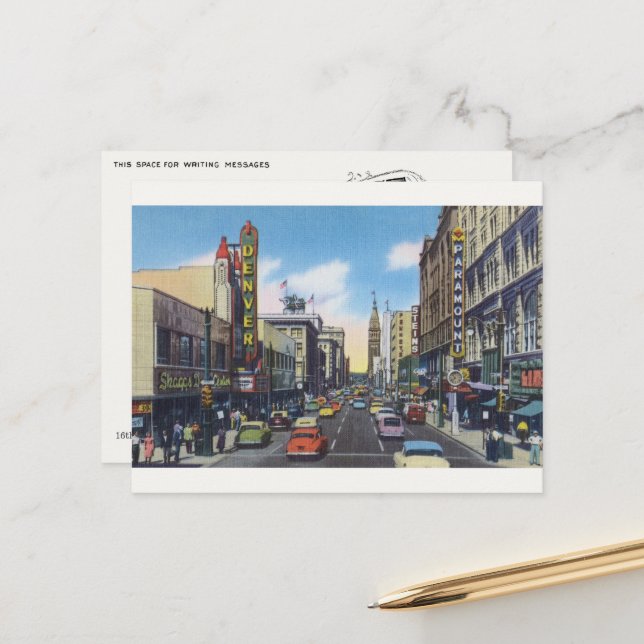 Cartão Postal Antigo do Centro de Denver - Reimpre (Frente/Verso In Situ)