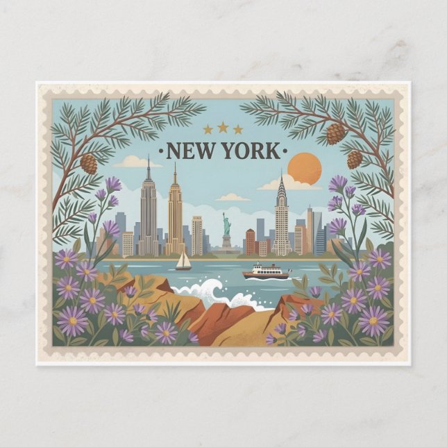 Cartão postal antigo do horizonte de Nova York (Frente)