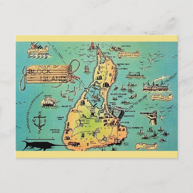 Cartão postal antigo do mapa da Ilha Block (Frente)