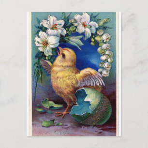 Cartão Postal Antigo do Pintinho de Páscoa e Flore