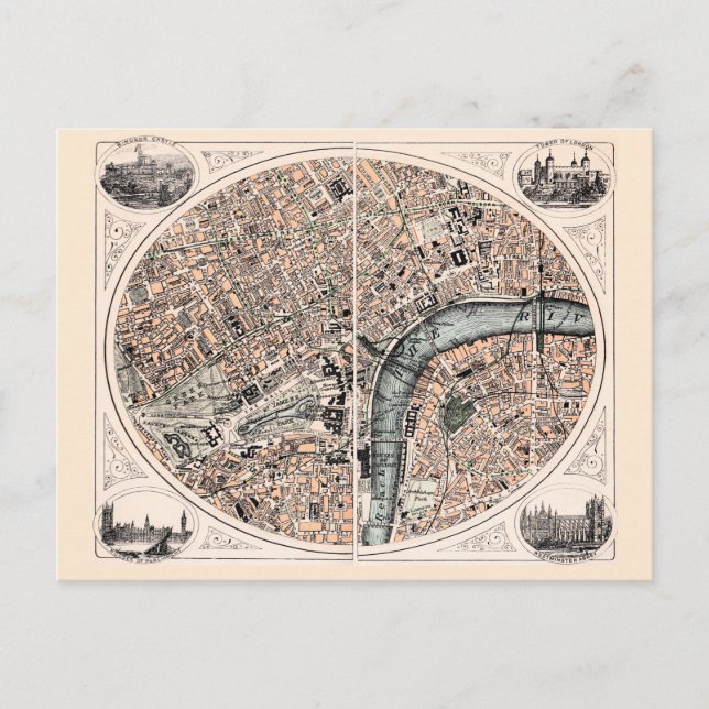Cartão Postal Antigo mapa de Londres (Frente)