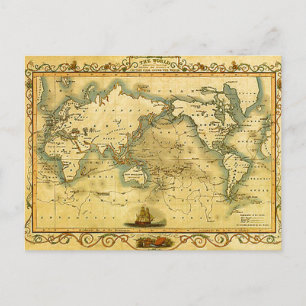 Cartão Postal Antigo Mapa Mundial Antiquado