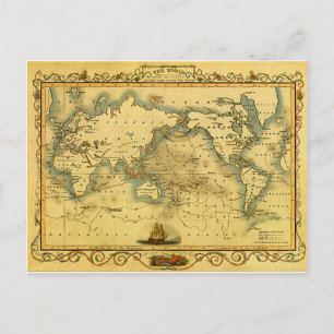 Cartão Postal Antigo Mapa Mundial Antiquado