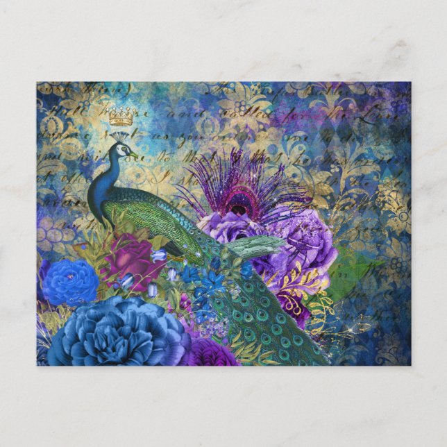 Cartão Postal Antigo Pavão Ilustrado e Flores Grunge (Frente)