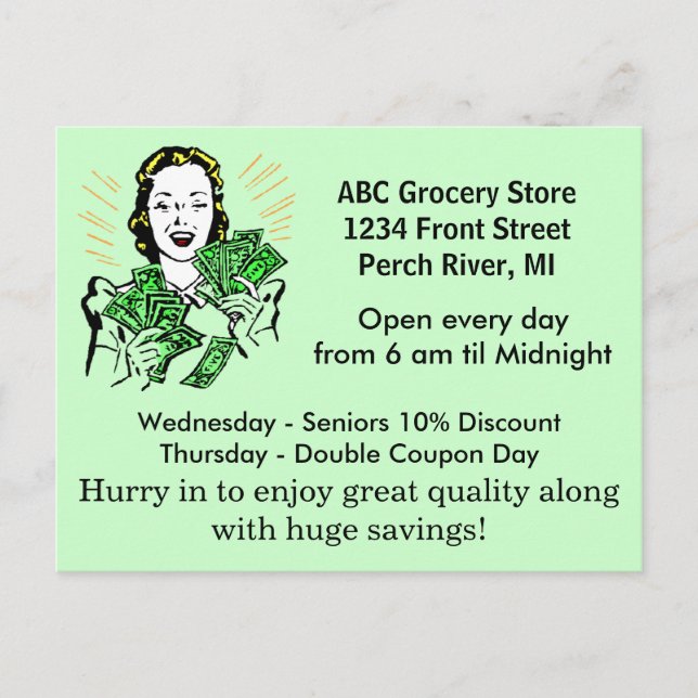 Cartão Postal Antigo Retro Senhora Feliz Economia  (Frente)