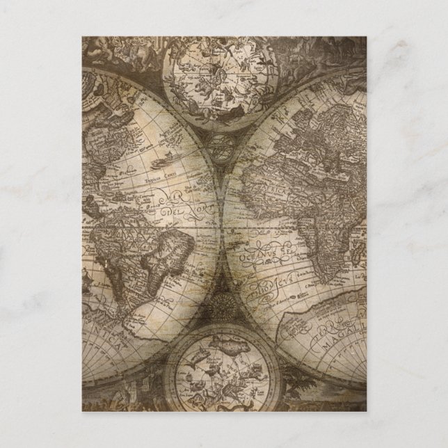 Cartão Postal Antigos Continentes de Mapa do Atlas do Velho Mund (Frente)