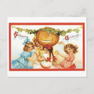 Cartão Postal Antiquado Halloween, Meninas com Pumpkin