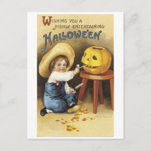 Cartão Postal Antiquado Halloween, Menino faz Jack-o-lanterno