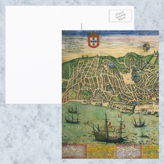 Cartão Postal Antique Map, Town Plan of Lisbon, Portugal, 1598