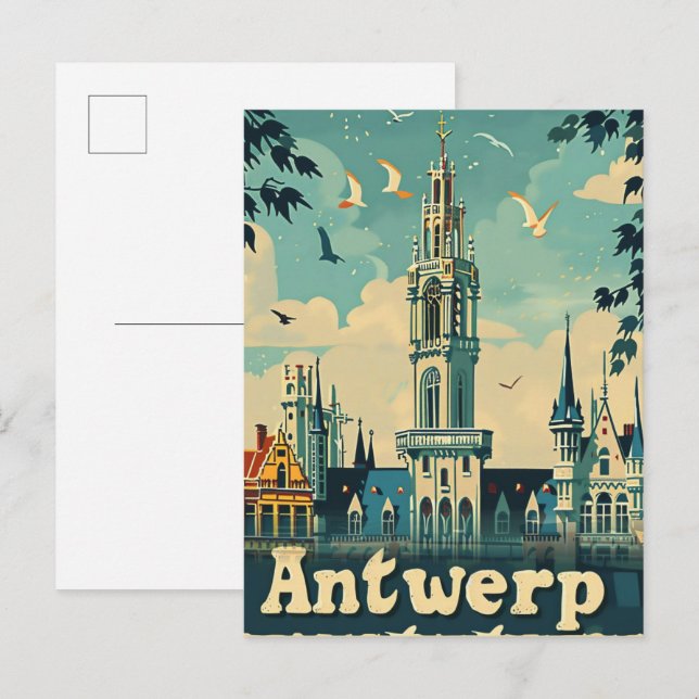 Cartão Postal Antuérpia Bélgica Vintage Retro Viagem Illustração (Frente/Verso)