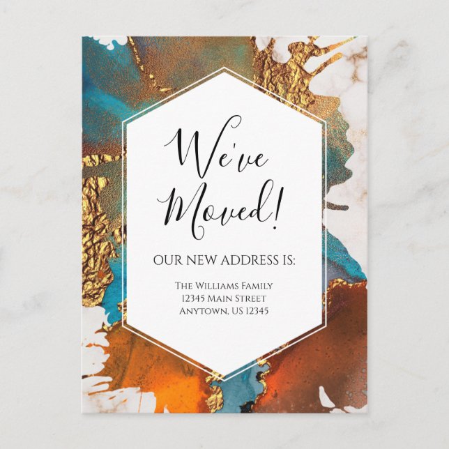 Cartão Postal Anunciamento em Movimento Dourado Tinta Azul Mármo (Frente)