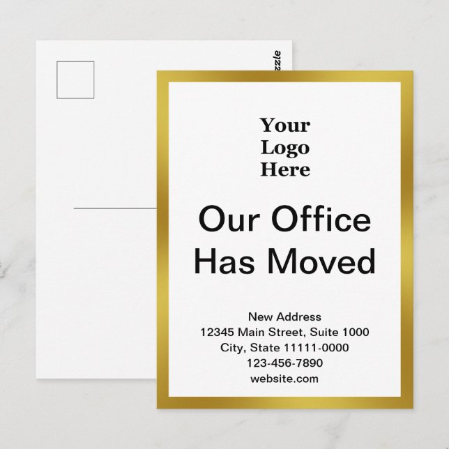 Cartão Postal Anúncio branco Dourado de mudança de endereço (Frente/Verso)