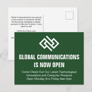 Cartão Postal Anúncio de Abertura de Negócios Verdes Modernos