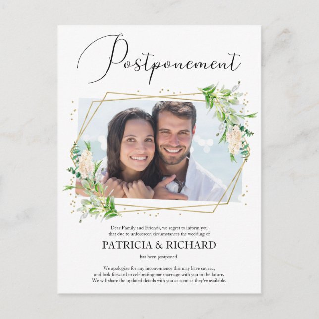 Cartão Postal Anúncio de adiamento de casamento com foto de verd (Frente)
