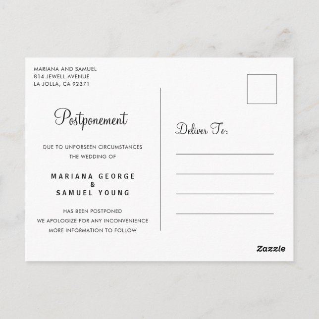 Cartão Postal Anúncio de Adiamento de Casamento em Letra Simples (Verso)