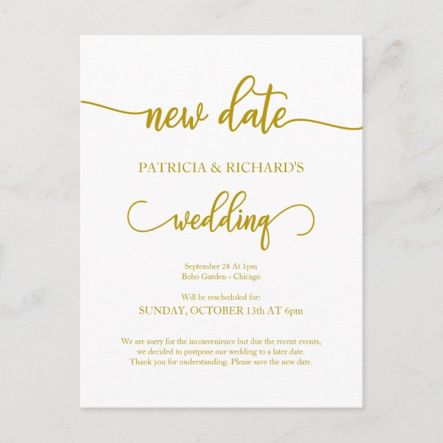 Cartão Postal Anúncio de Casamento Adiado Nova Data Dourado (Frente)