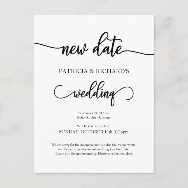 Cartão Postal Anúncio de Casamento Adiado para Nova Data (Frente)