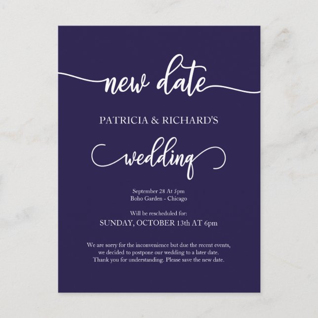 Cartão Postal Anúncio de Casamento Adiado para Nova Data Azul Ma (Frente)