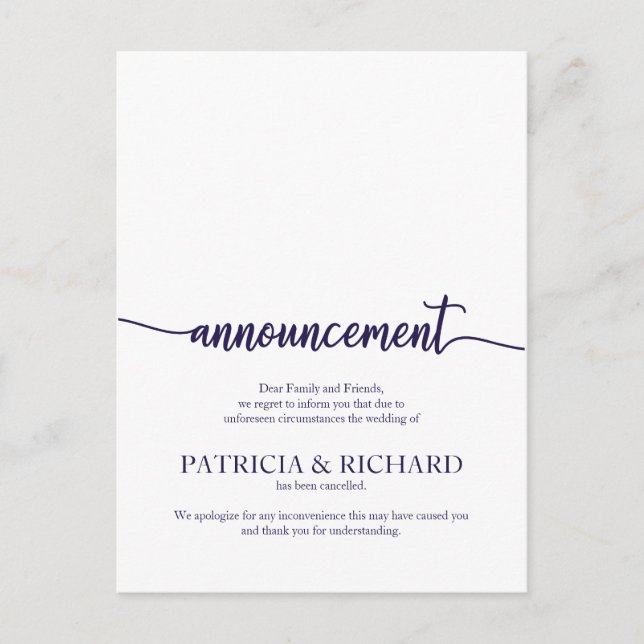 Cartão Postal Anúncio de Casamento Cancelado Navy Blue Script (Frente)