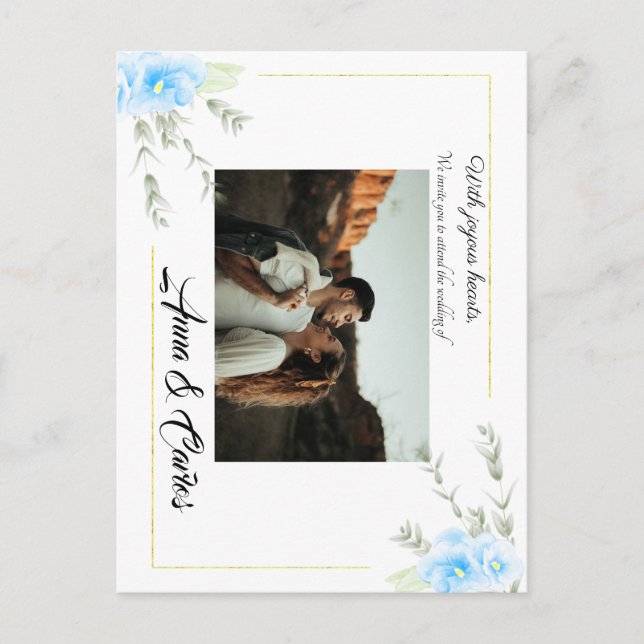 Cartão Postal Anúncio de casamento de flores Elegante Azul Pansy (Frente)