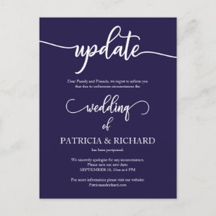 Cartão Postal Anúncio de Data de Casamento Adiada Azul Naval