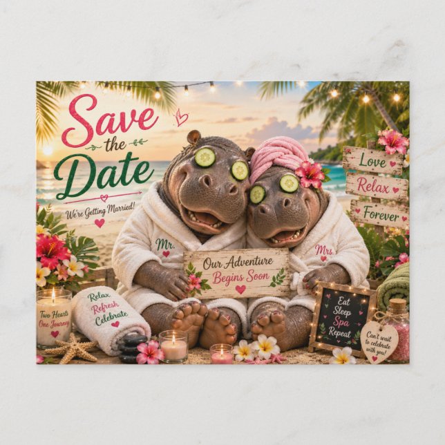 Cartão Postal Anúncio de Data de Casamento de Hipopótamos no Spa (Frente)