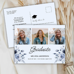 Cartão Postal Anúncio de Flores Azul Marinho de Graduado em Foto