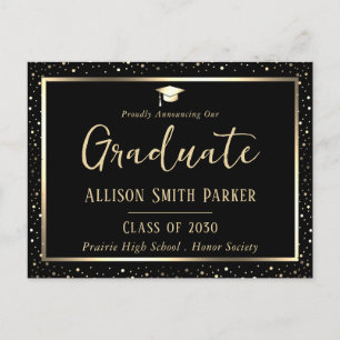 Cartão Postal Anúncio de Formatura Elegante Preto e Dourado