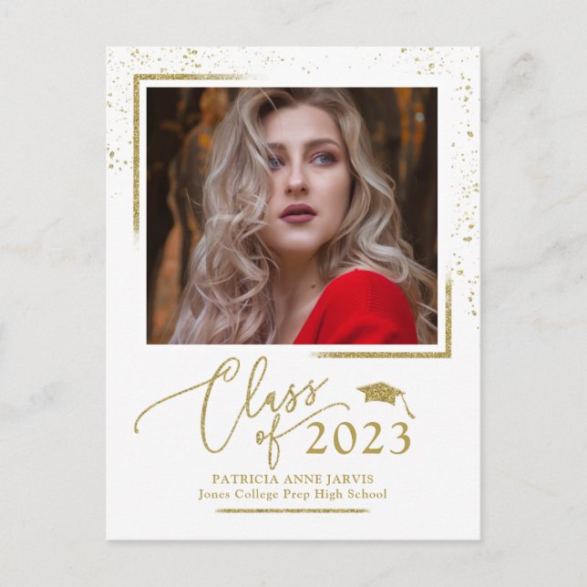 Cartão Postal Anúncio de Formatura em Script Chic Festivo Brilho (Frente)