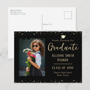Cartão Postal Anúncio de Formatura Foto Preto e Dourado