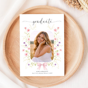 Cartão Postal Anúncio de Graduação com Foto Floral e Laço Rosa