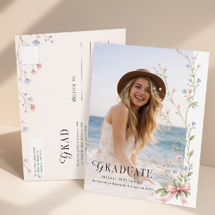 Cartão Postal Anúncio de Graduação com Laço Rosa de Flor Silvest