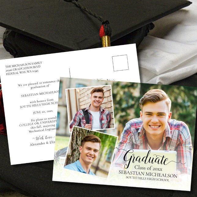 Cartão Postal Anúncio de Graduação de Fotos Moderno 3 (Modern 3 Photo Graduation Announcement Postcard)