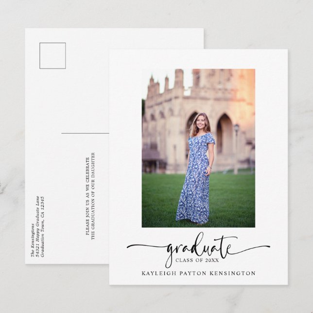 Cartão Postal Anúncio de Graduação de Script Elegante Moderno (Frente/Verso)