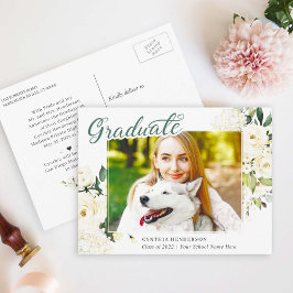Cartão Postal Anúncio de Graduação Floral de Rosas Brancas Verde
