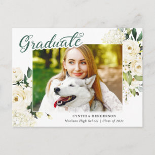 Cartão Postal Anúncio de Graduação Floral Verde Branco