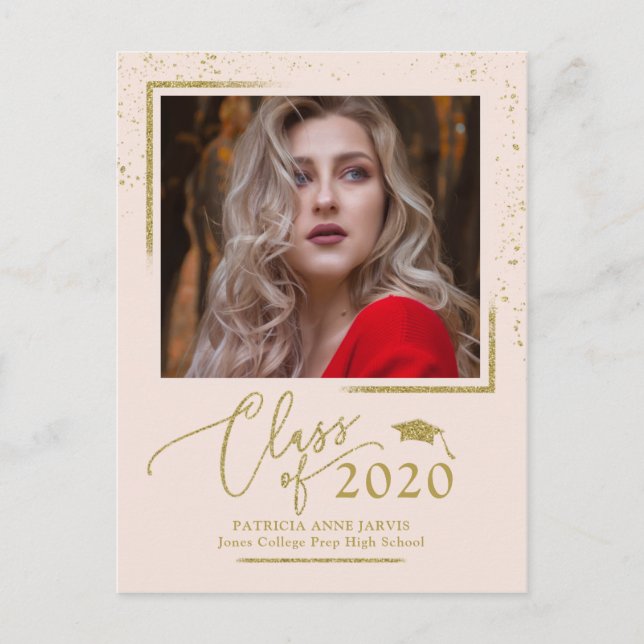 Cartão Postal Anúncio de Gradução em Script Chic Festivo Brilho  (Frente)