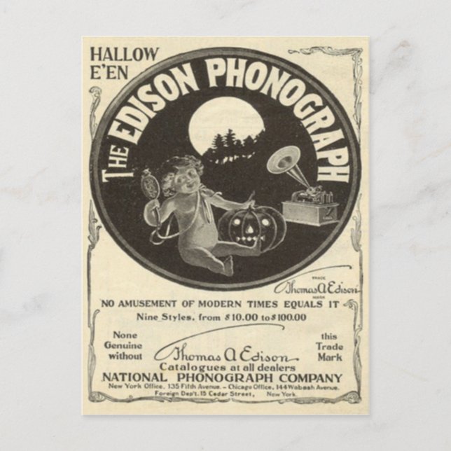Cartão Postal Anúncio de Halloween do Fonógrafo Edison Abóbora d (Frente)