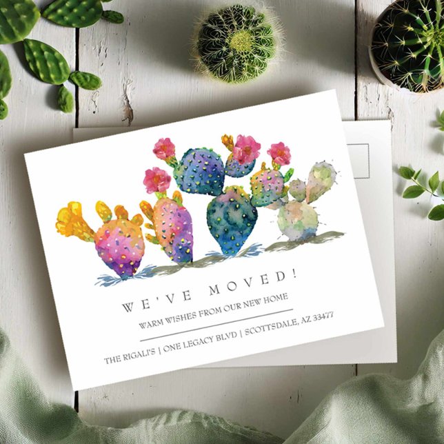 Cartão Postal Anúncio de Movimentação de Nova Casa do Cactus Wat (Moving announcement postcards watercolor cactus by Victoria Grigaliunas)