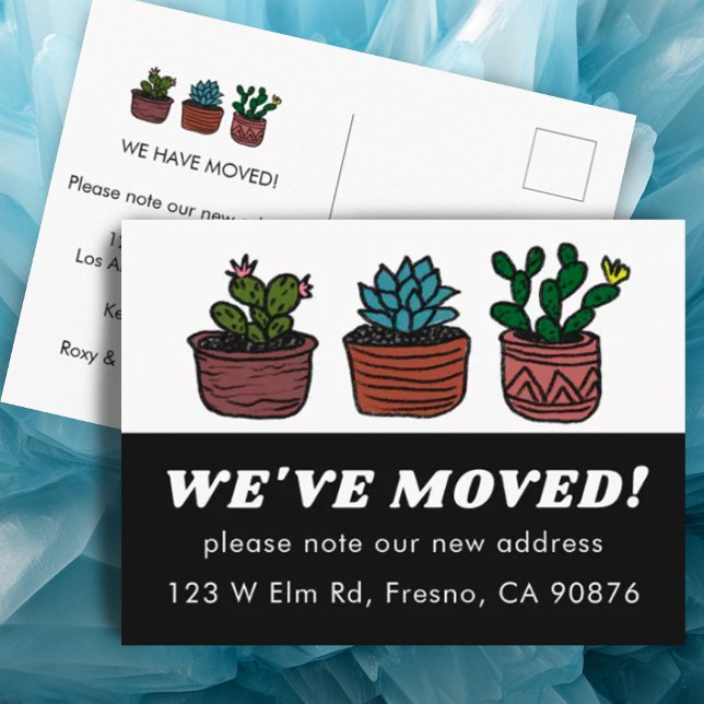 Cartão Postal ANÚNCIO DE MOVIMENTO NOVO ENDEREÇO Cactos de Cuta (Colorful cute cacti postcard for moving announcement change of address, customize w your details)