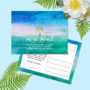 Cartão Postal Anúncio de Mudança com Palmeira de Praia Tropical 