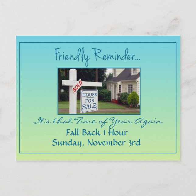 Cartão Postal Anúncio de Mudança de Horário de Verão em Imóveis (Frente)
